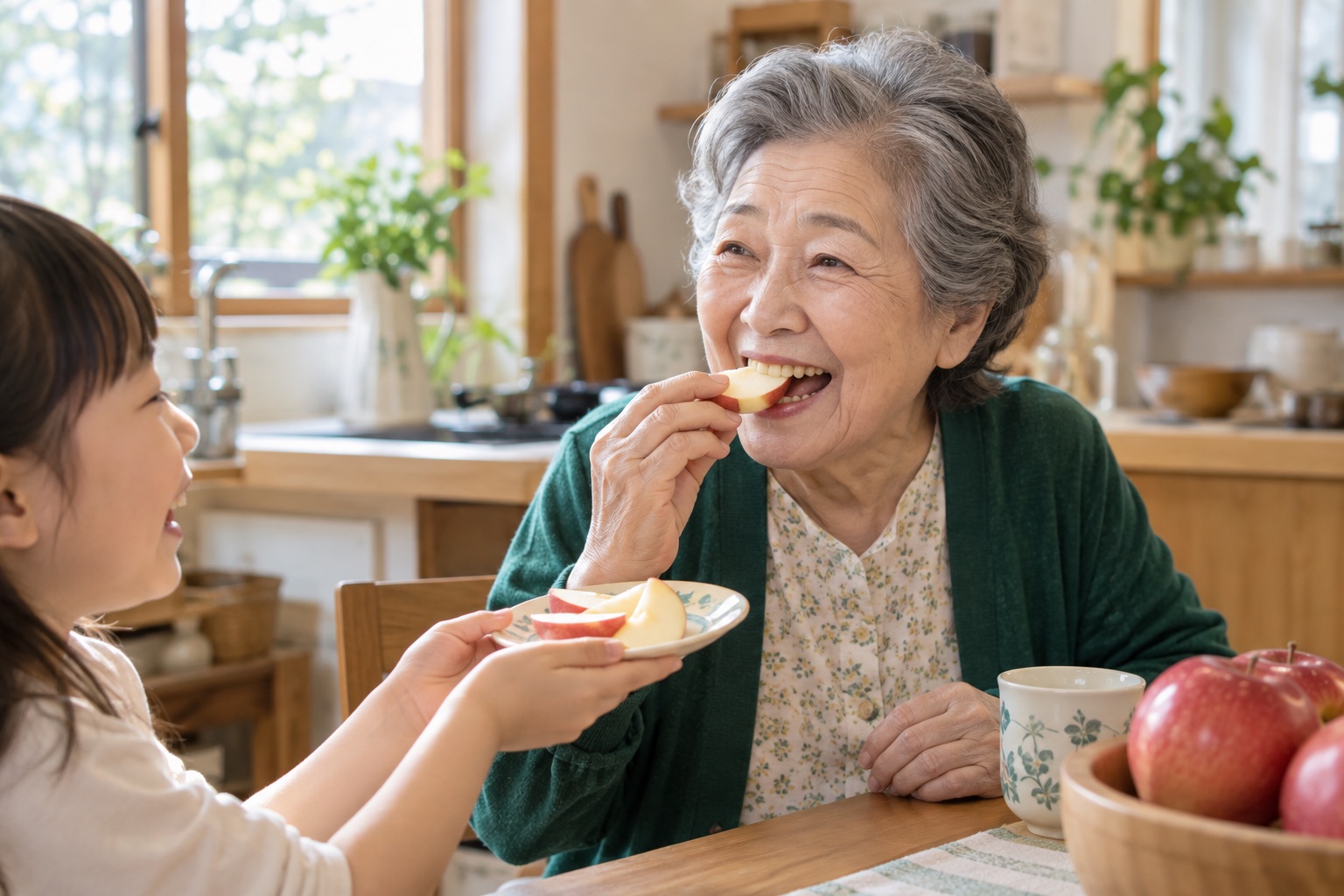 りんごを一口、嬉しそうに食べる女性と、皿を差し出す孫の手。